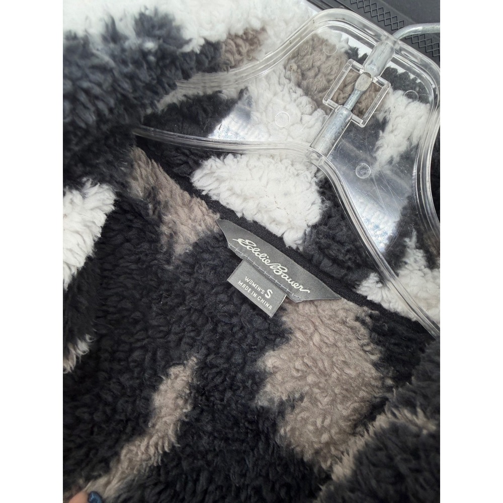 Eddie Bauer Fleece Pullover Women Size S Black White Grey Excellent Sherpa Camo - Picture 2 of 5